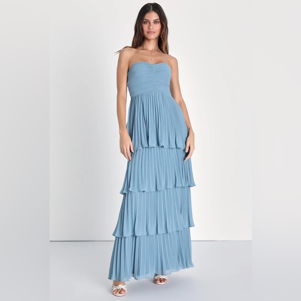 Lulus Seriously Sensational Light Blue Strapless Tiered Maxi Dress